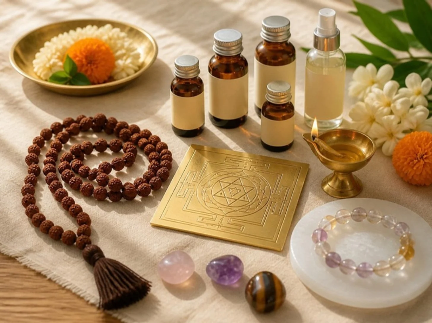 Yagnita Vibes collection – Rudraksha mala, yantra, oils, crystals and selenite plate
